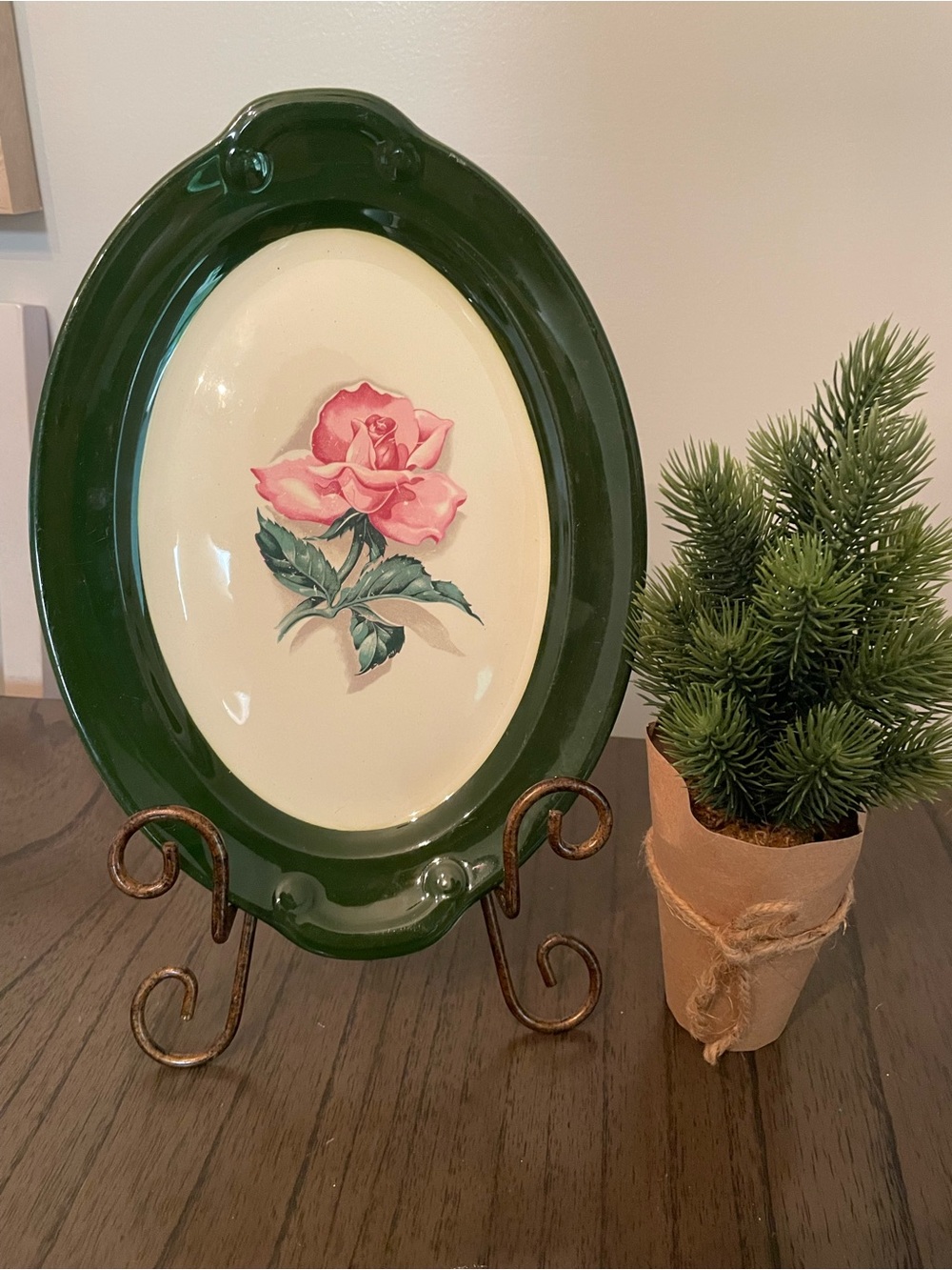 Vintage Green and Pink Oval Serving Platter